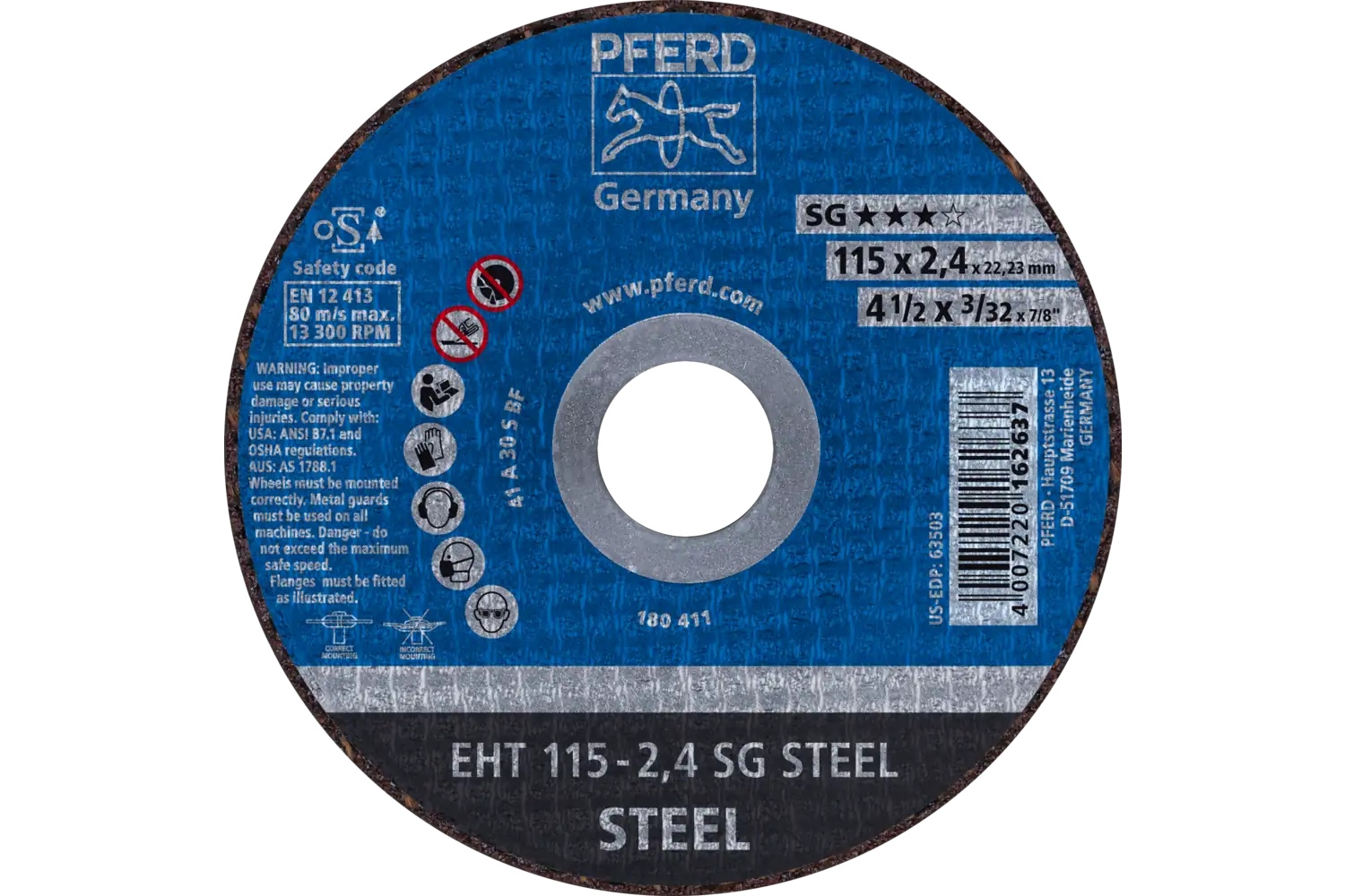 Picture of Pferd Cut-Off Wheel, 4-1/2" X 3/32 X 7/8, Sg Steel, T1, Aluminum Oxide